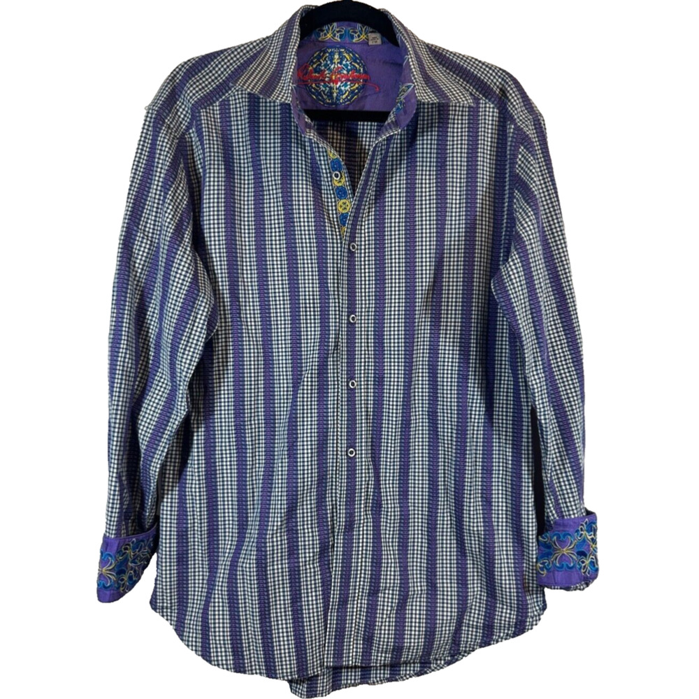Robert Graham L Purple Striped Embroidered Flip Cuff Button Shirt Designer D59